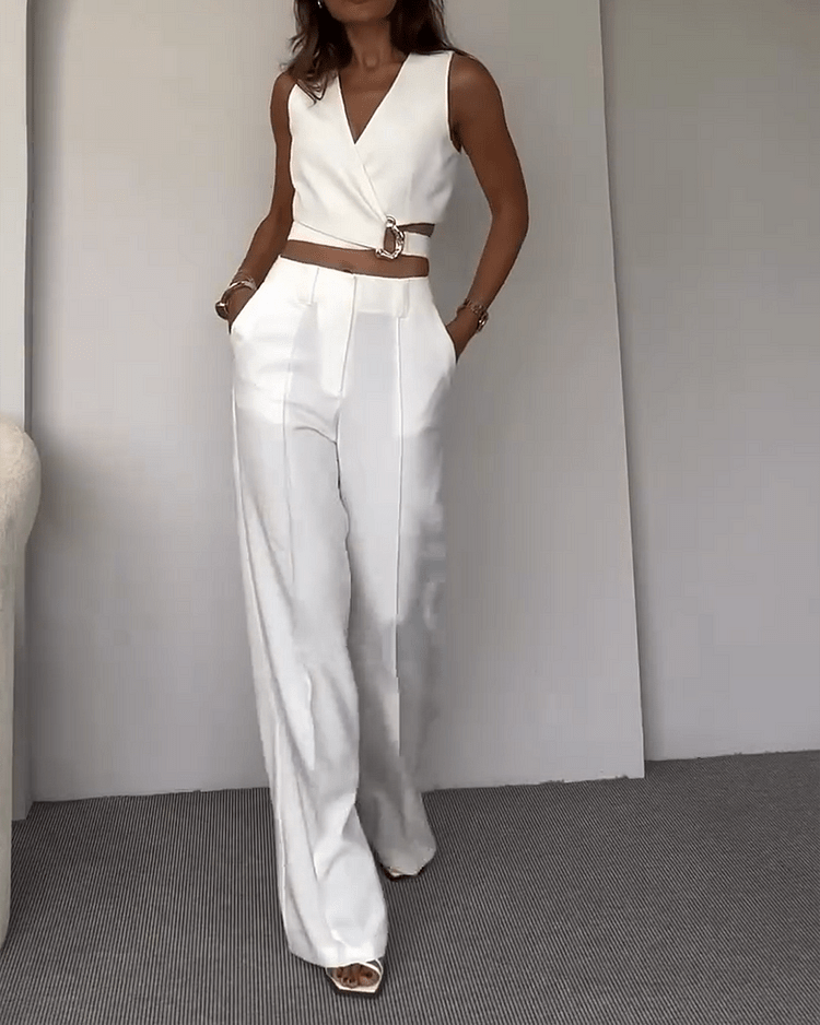 Christina - Schlichte Schnalle Weste & Hose Anzug Set - Livezo