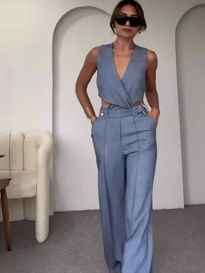 Christina - Schlichte Schnalle Weste & Hose Anzug Set - Livezo