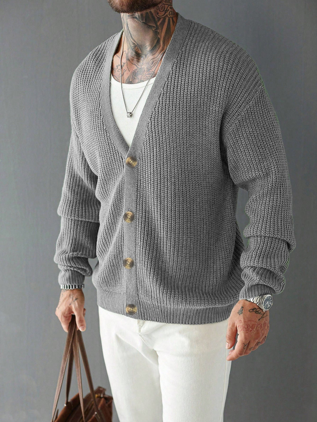 Chunky Rib Knit V-Neck Cardigan - Harren Cole