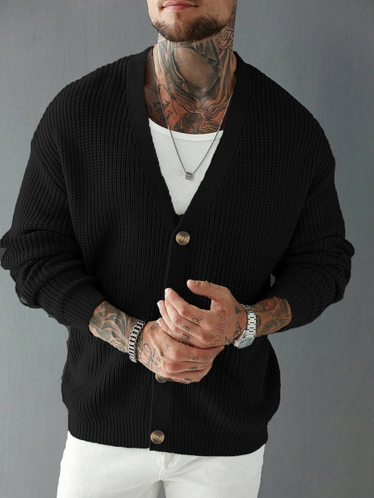 Chunky Rib Knit V-Neck Cardigan - Harren Cole