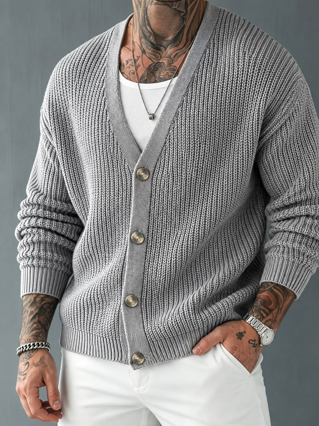 Chunky Rib Knit V-Neck Cardigan - Harren Cole