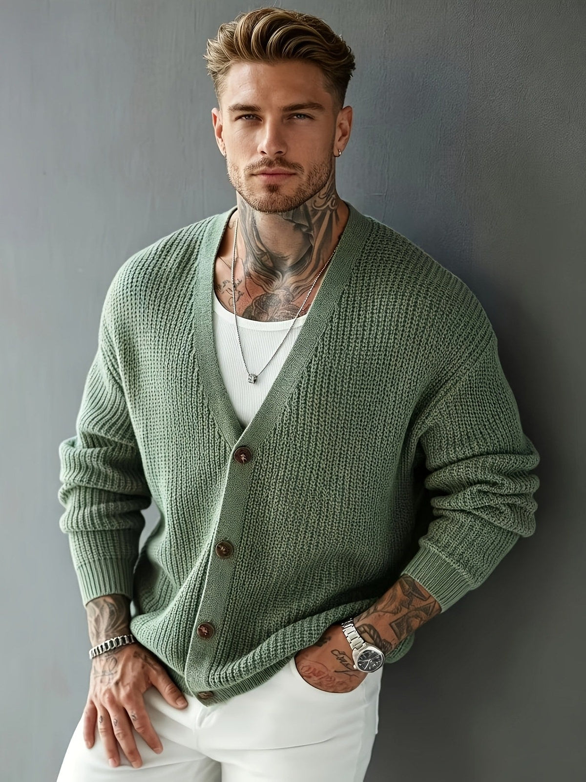 Chunky Rib Knit V-Neck Cardigan - Harren Cole