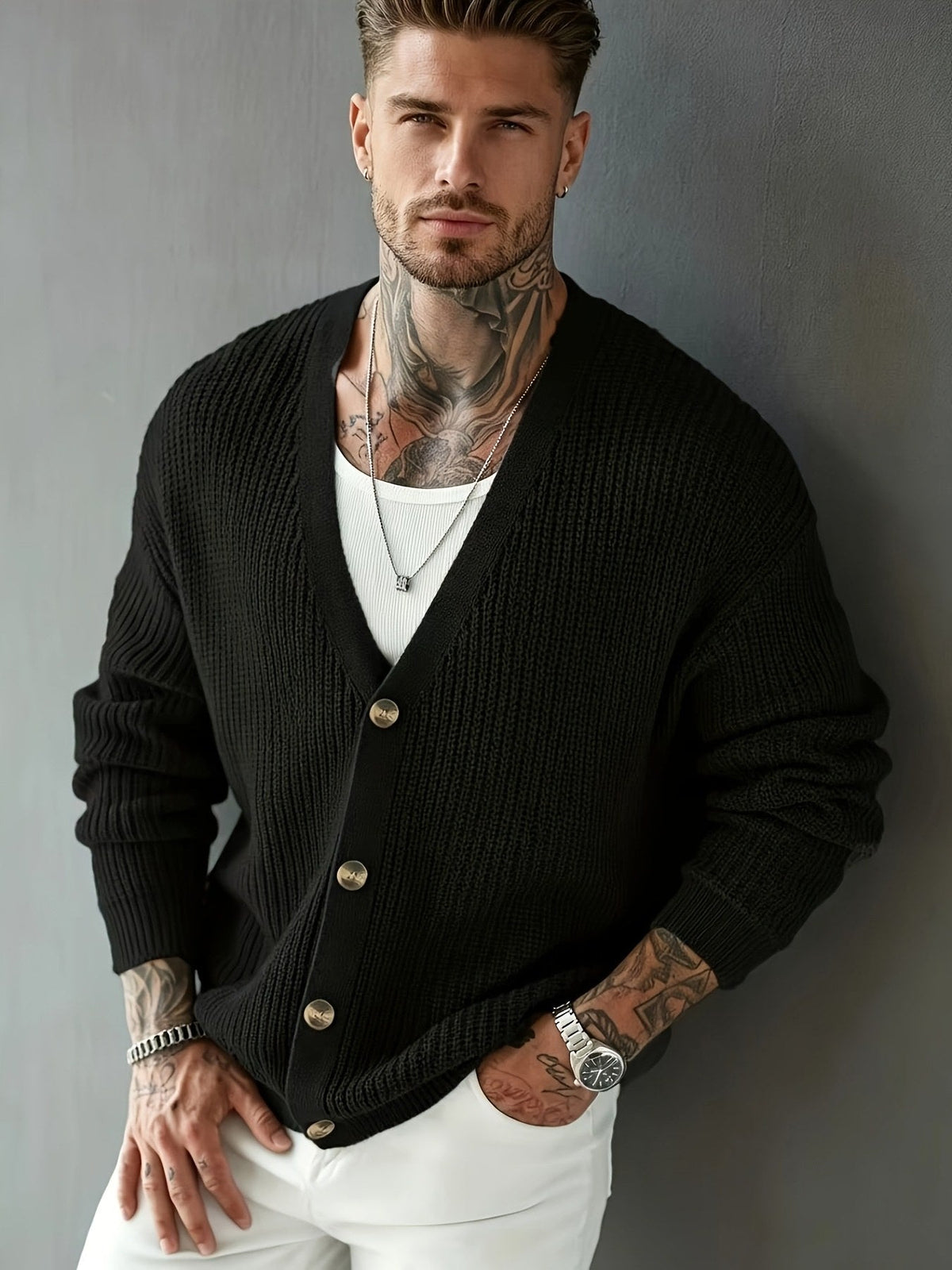 Chunky Rib Knit V-Neck Cardigan - Harren Cole