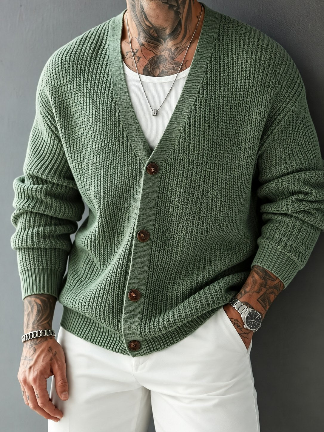 Chunky Rib Knit V-Neck Cardigan - Harren Cole