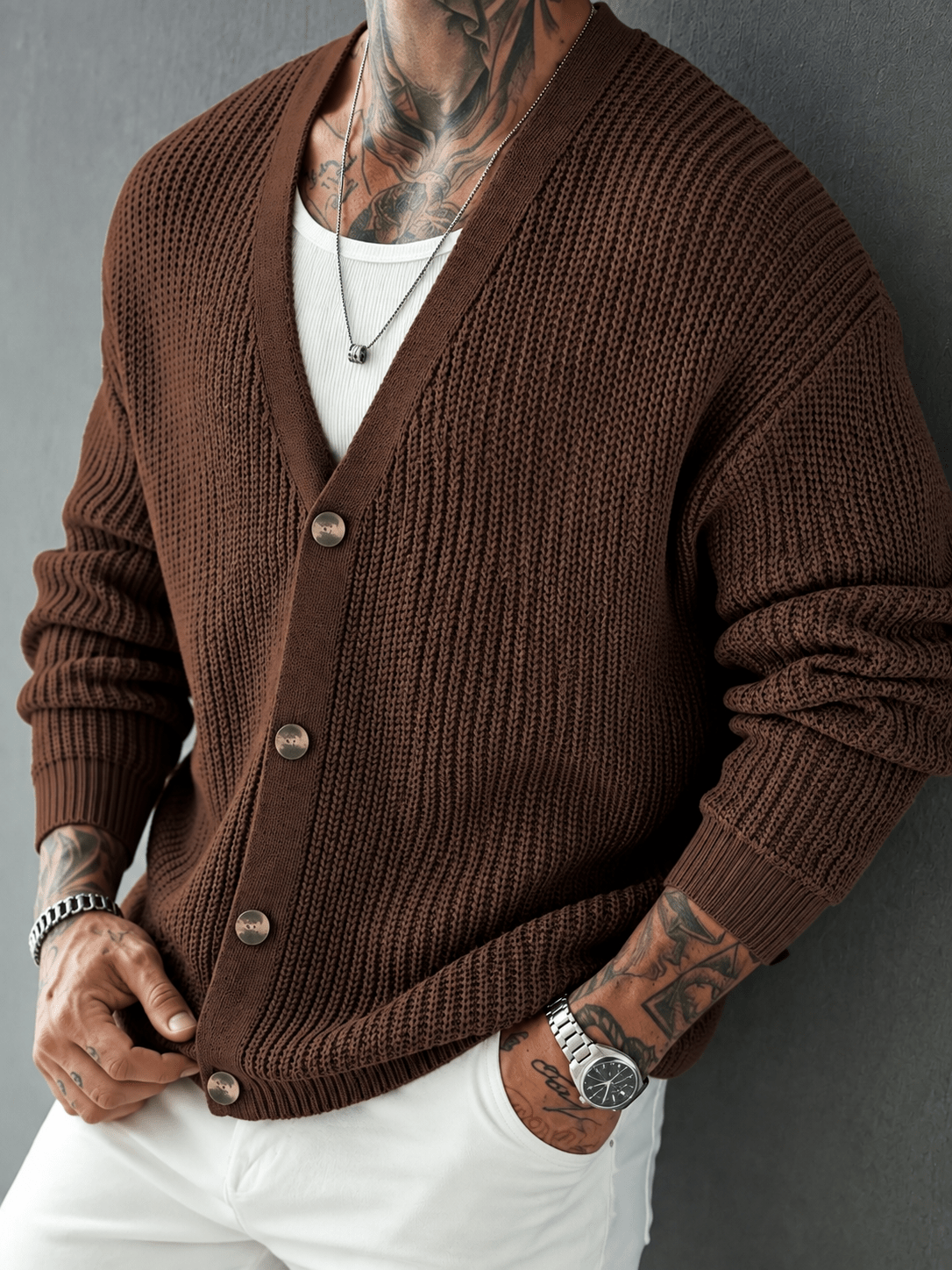 Chunky Rib Knit V-Neck Cardigan - Harren Cole