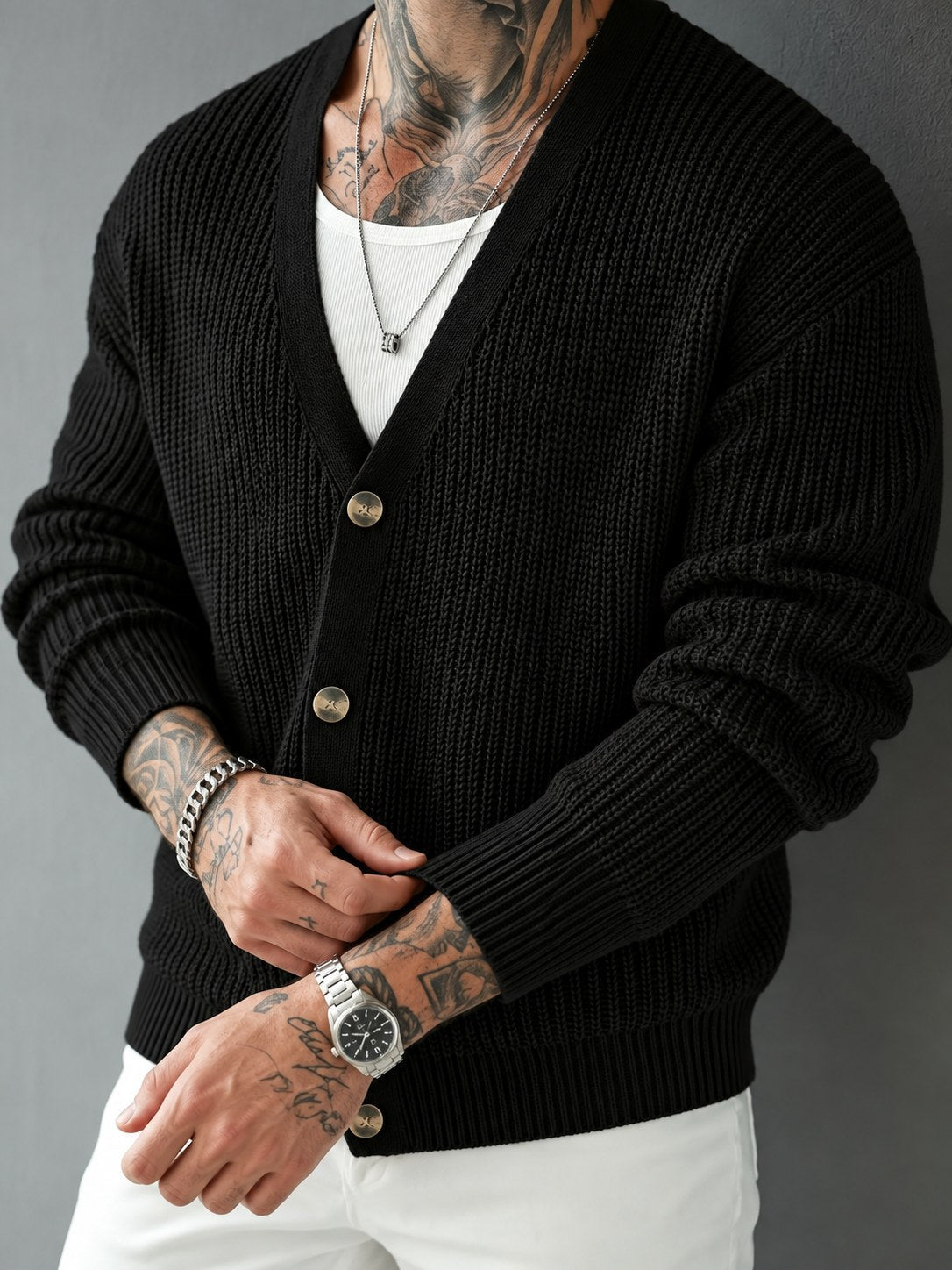 Chunky Rib Knit V-Neck Cardigan - Harren Cole