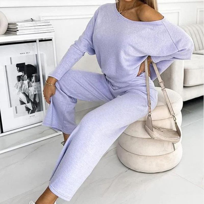 CozyStyle Set Neue Kollektionen Damen Unifarbenes Drop - Shoulder - Pullover und lockere Hose Set - Livezo