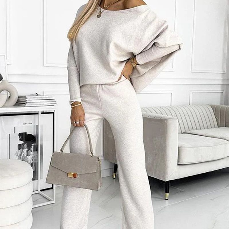 CozyStyle Set Neue Kollektionen Damen Unifarbenes Drop - Shoulder - Pullover und lockere Hose Set - Livezo