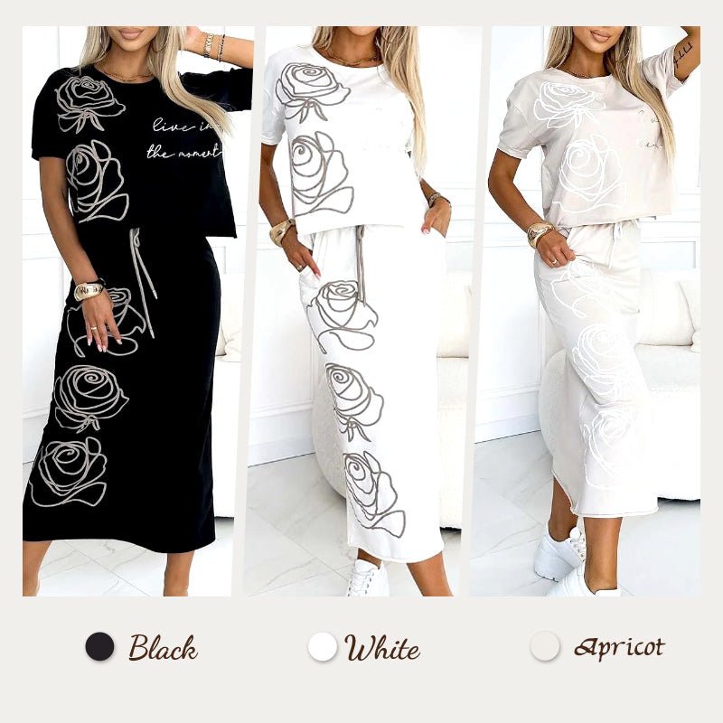 Damen 2 - Teiliges Outfit Basic T-Shirt & Midi - Rock - Livezo