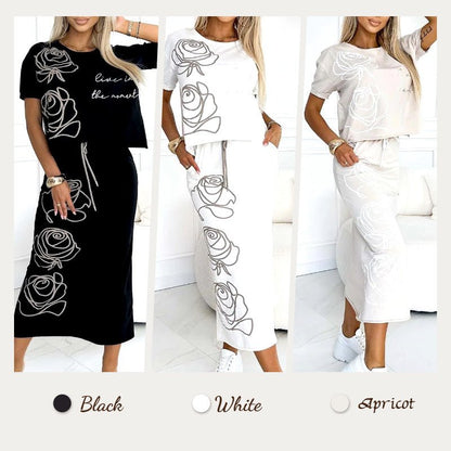 Damen 2 - Teiliges Outfit Basic T-Shirt & Midi - Rock - Livezo