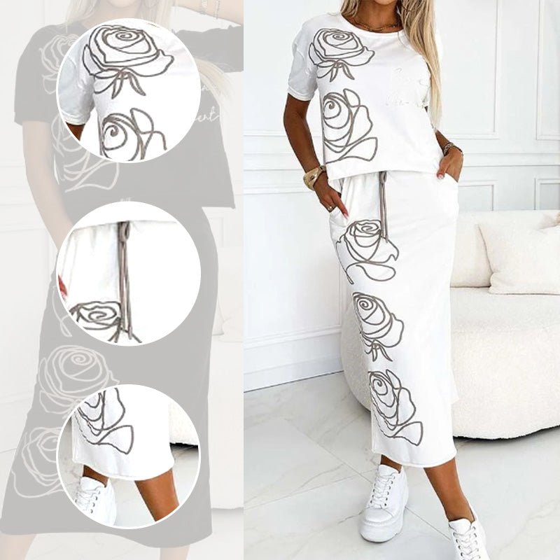 Damen 2 - Teiliges Outfit Basic T-Shirt & Midi - Rock - Livezo