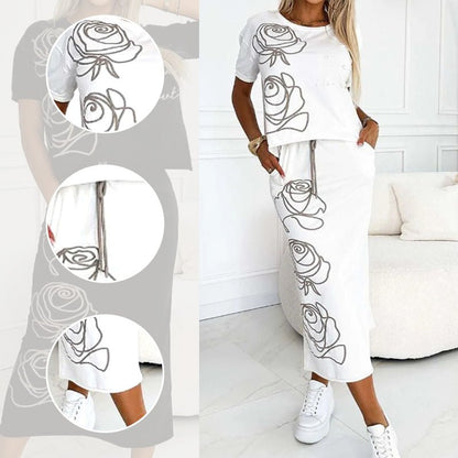 Damen 2 - Teiliges Outfit Basic T-Shirt & Midi - Rock - Livezo