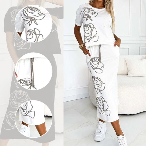 Damen 2 - Teiliges Outfit Basic T-Shirt & Midi - Rock - Livezo