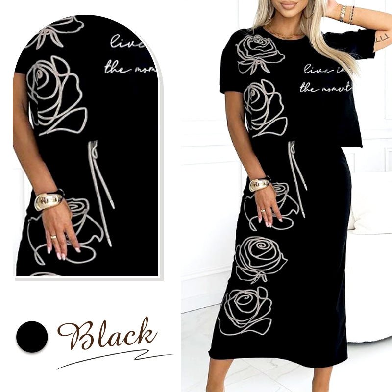 Damen 2 - Teiliges Outfit Basic T-Shirt & Midi - Rock - Livezo
