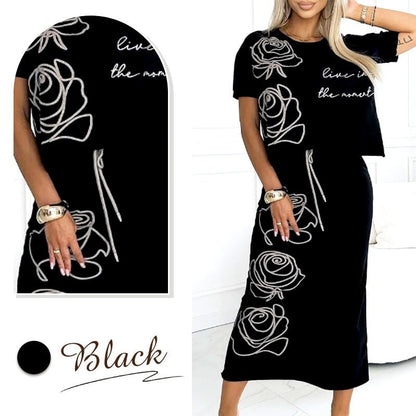 Damen 2 - Teiliges Outfit Basic T-Shirt & Midi - Rock - Livezo