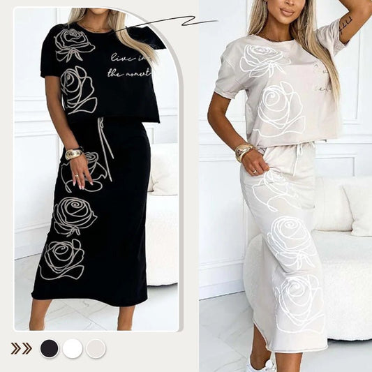 Damen 2 - Teiliges Outfit Basic T-Shirt & Midi - Rock - Livezo