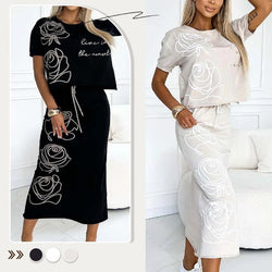 Damen 2 - Teiliges Outfit Basic T-Shirt & Midi - Rock - Livezo