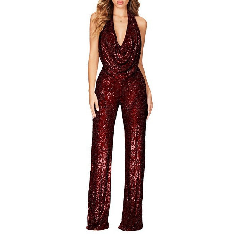 Damen Glitzernd Sexy Neckholder Figurbetonter Jumpsuit - Livezo