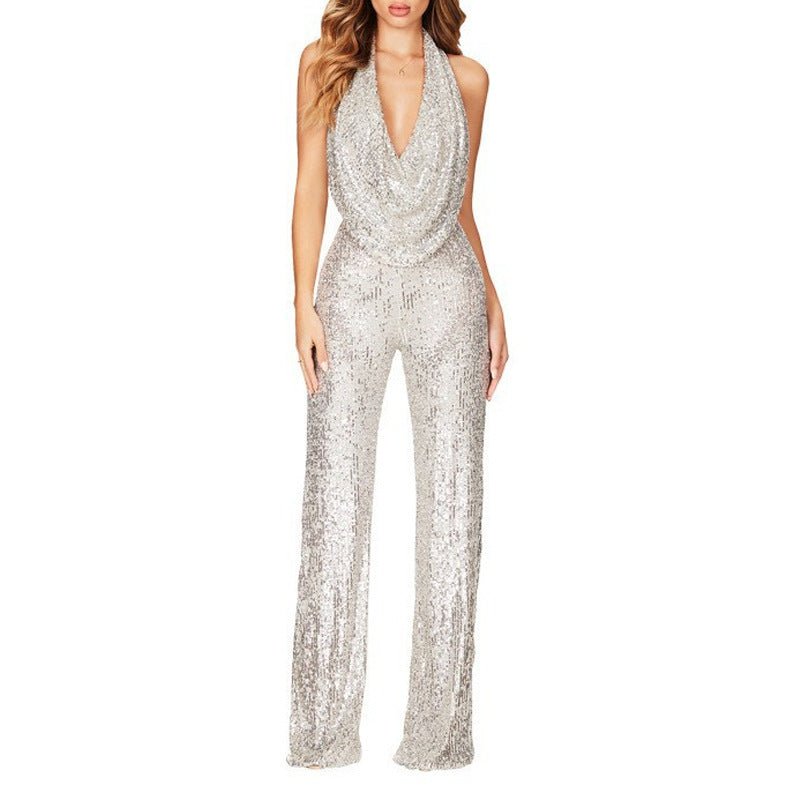 Damen Glitzernd Sexy Neckholder Figurbetonter Jumpsuit - Livezo