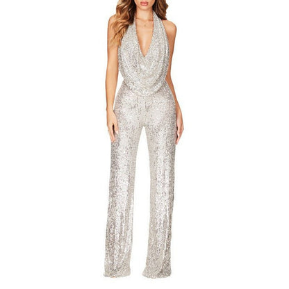 Damen Glitzernd Sexy Neckholder Figurbetonter Jumpsuit - Livezo