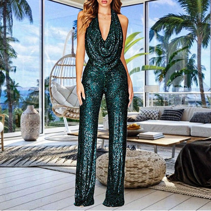 Damen Glitzernd Sexy Neckholder Figurbetonter Jumpsuit - Livezo