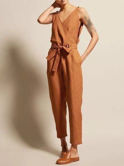Damen Jumpsuit mit V - Ausschnitt und Gürtel in Freizeitstil - Livezo