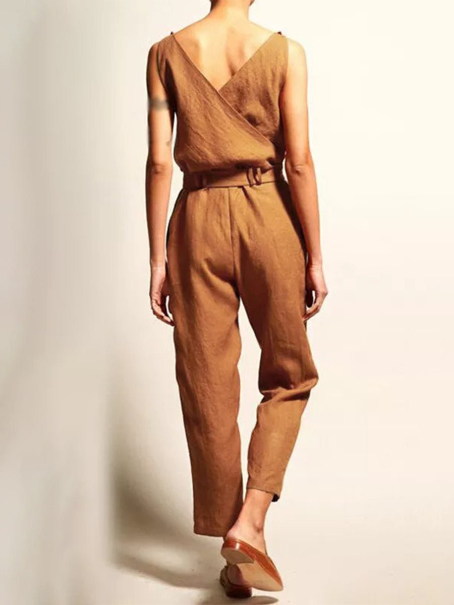 Damen Jumpsuit mit V - Ausschnitt und Gürtel in Freizeitstil - Livezo