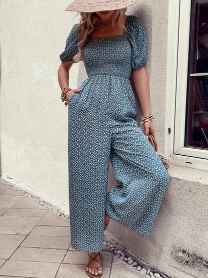 Damen - Overall mit quadratischem Ausschnitt, Puffärmeln und Printmuster - Livezo