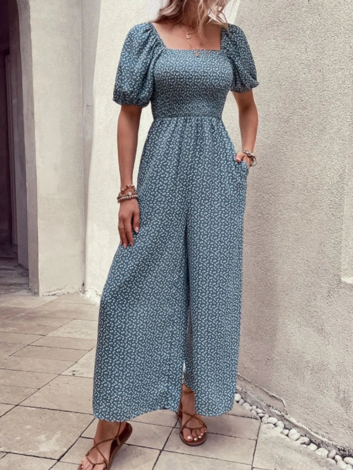 Damen - Overall mit quadratischem Ausschnitt, Puffärmeln und Printmuster - Livezo