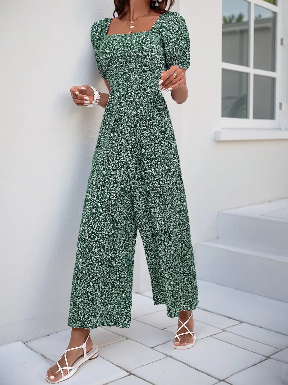 Damen - Overall mit quadratischem Ausschnitt, Puffärmeln und Printmuster - Livezo