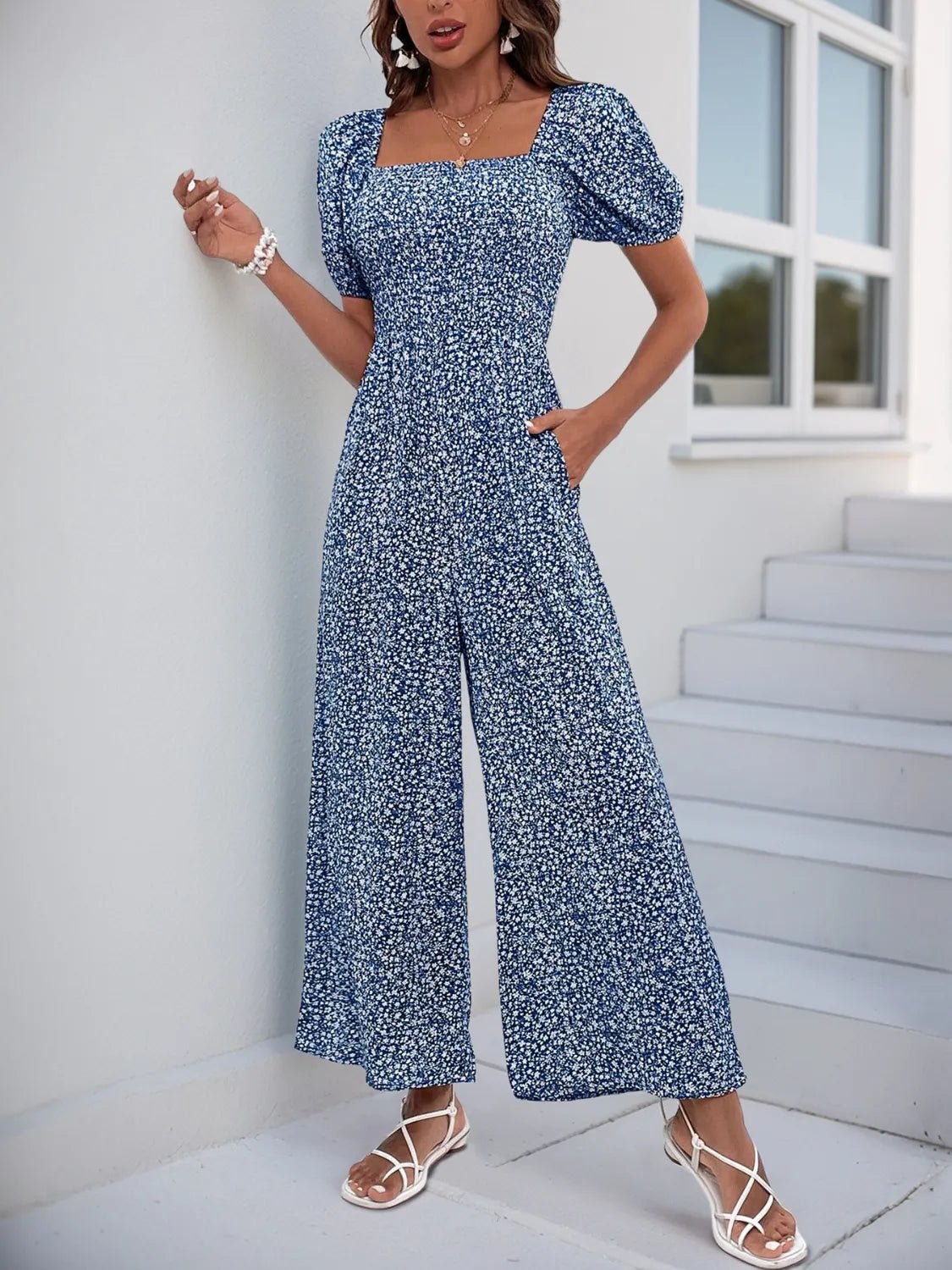Damen - Overall mit quadratischem Ausschnitt, Puffärmeln und Printmuster - Livezo
