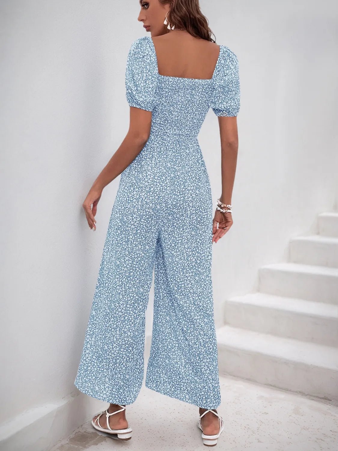 Damen - Overall mit quadratischem Ausschnitt, Puffärmeln und Printmuster - Livezo