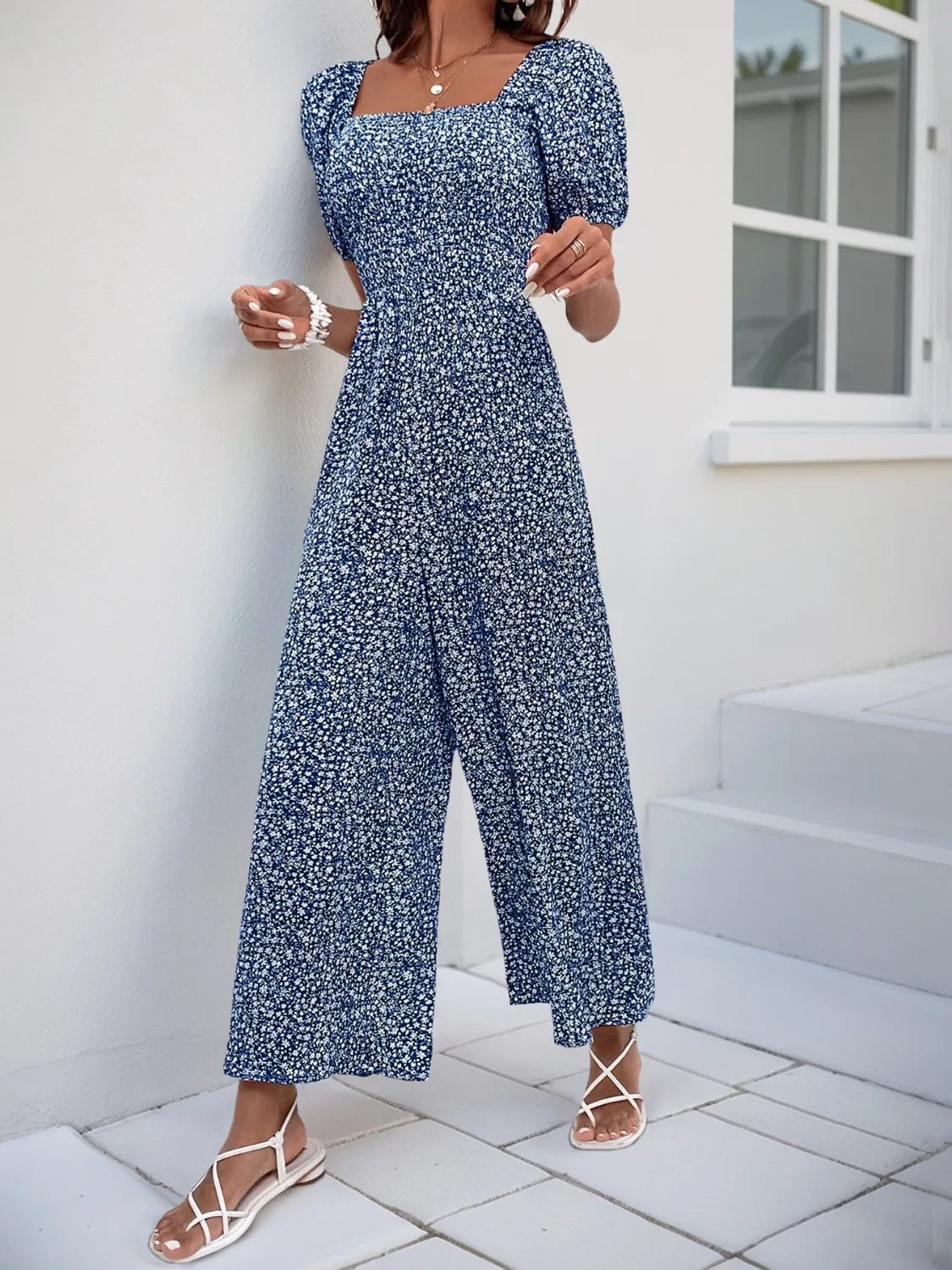 Damen - Overall mit quadratischem Ausschnitt, Puffärmeln und Printmuster - Livezo