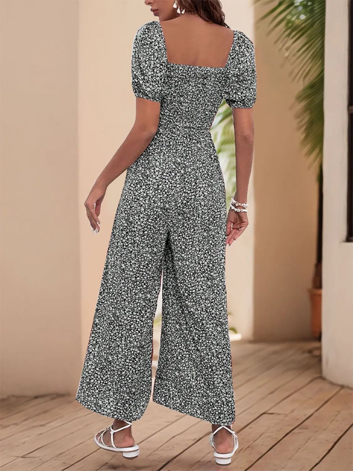 Damen - Overall mit quadratischem Ausschnitt, Puffärmeln und Printmuster - Livezo
