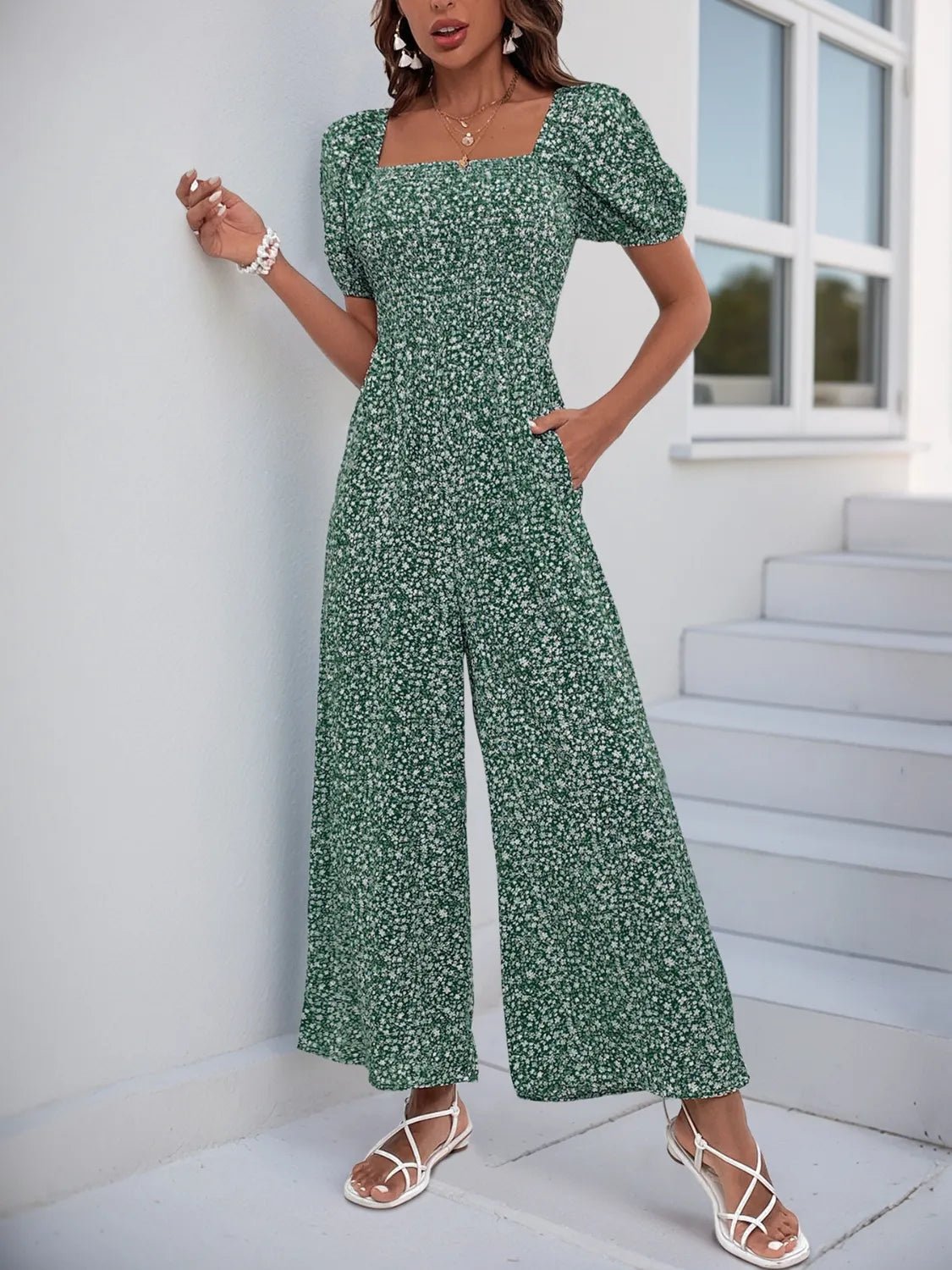 Damen - Overall mit quadratischem Ausschnitt, Puffärmeln und Printmuster - Livezo