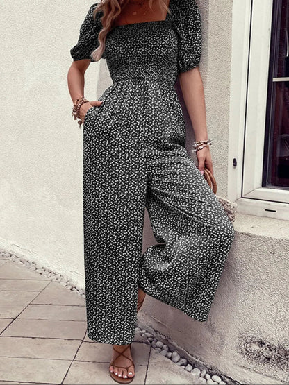 Damen - Overall mit quadratischem Ausschnitt, Puffärmeln und Printmuster - Livezo
