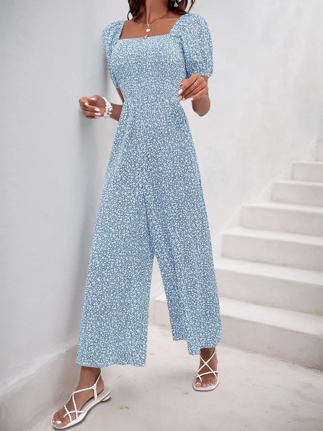 Damen - Overall mit quadratischem Ausschnitt, Puffärmeln und Printmuster - Livezo