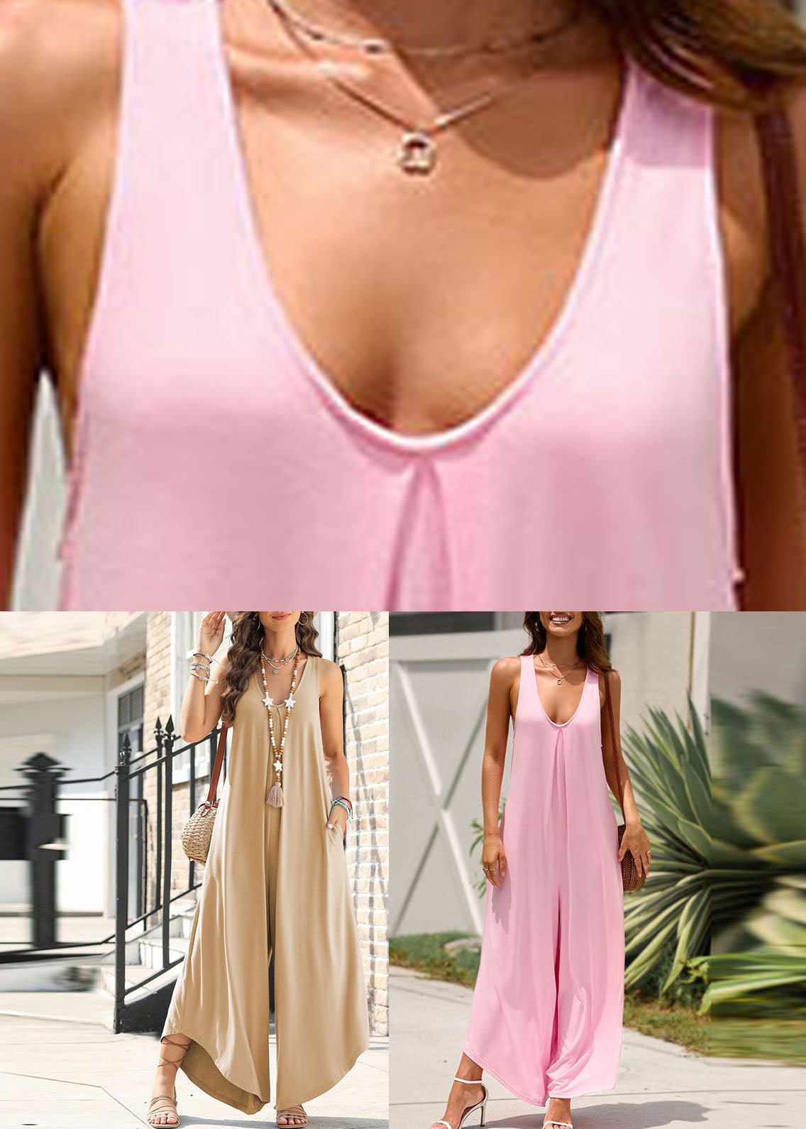 Damen Pinker U - Ausschnitt Einfarbiger Sommer - Jumpsuit - Livezo