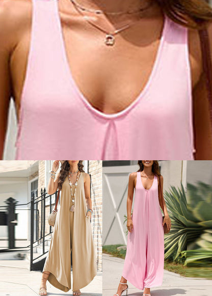 Damen Pinker U - Ausschnitt Einfarbiger Sommer - Jumpsuit - Livezo
