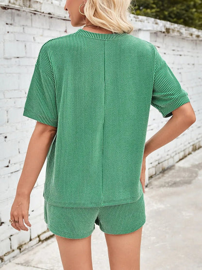 Damen Rundhalsausschnitt Halbarm Oberteil und Shorts mit Kordelzug Set - Livezo