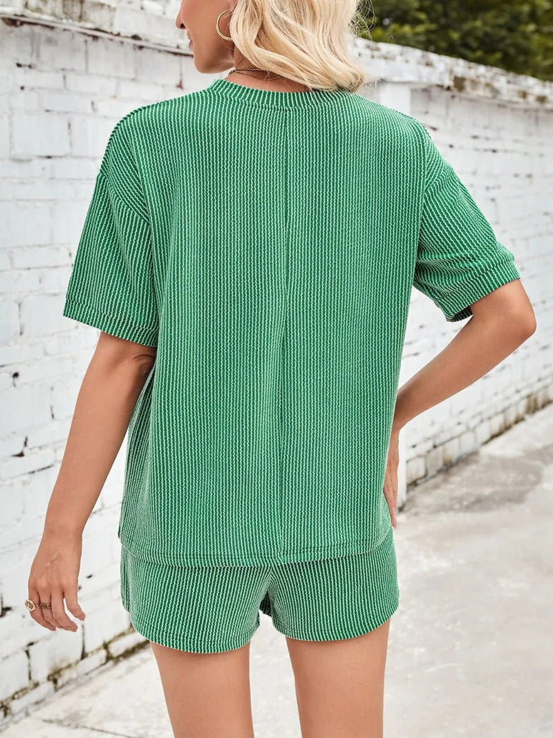 Damen Rundhalsausschnitt Halbarm Oberteil und Shorts mit Kordelzug Set - Livezo