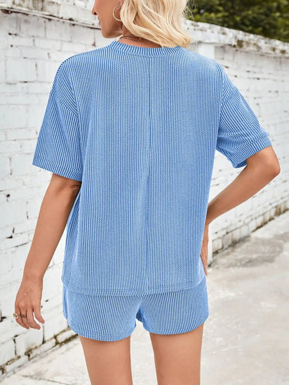 Damen Rundhalsausschnitt Halbarm Oberteil und Shorts mit Kordelzug Set - Livezo