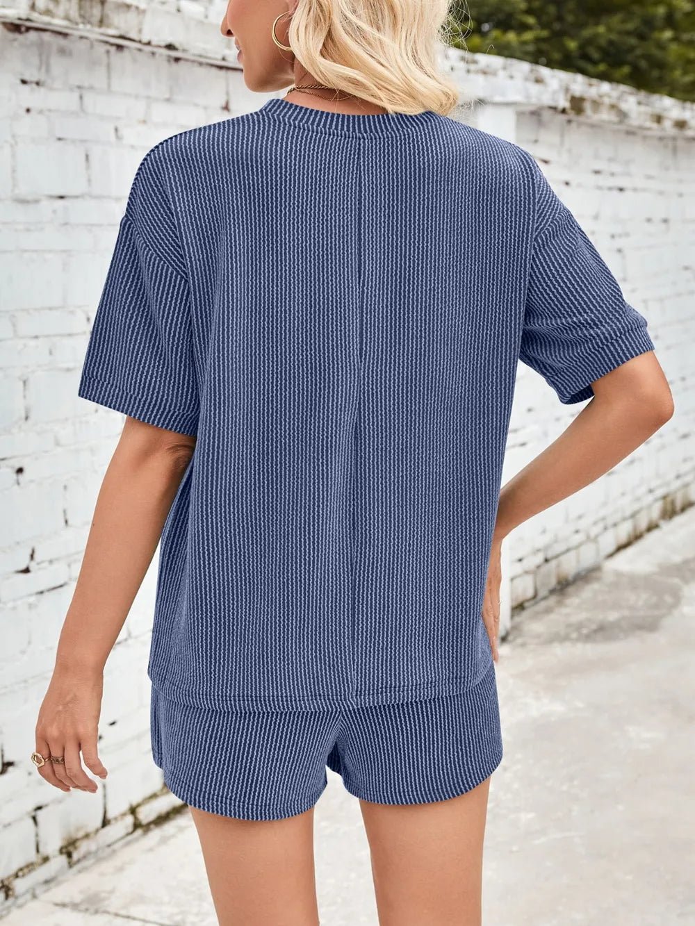 Damen Rundhalsausschnitt Halbarm Oberteil und Shorts mit Kordelzug Set - Livezo