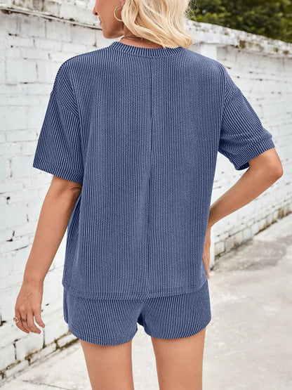 Damen Rundhalsausschnitt Halbarm Oberteil und Shorts mit Kordelzug Set - Livezo