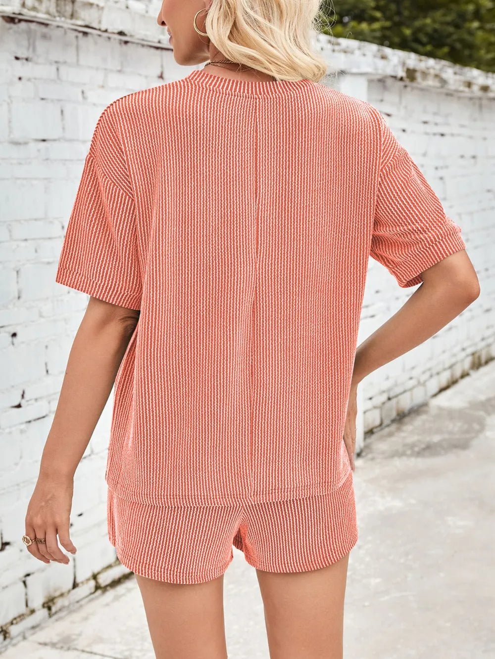Damen Rundhalsausschnitt Halbarm Oberteil und Shorts mit Kordelzug Set - Livezo