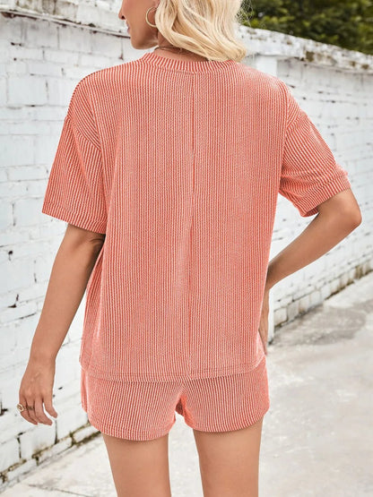 Damen Rundhalsausschnitt Halbarm Oberteil und Shorts mit Kordelzug Set - Livezo