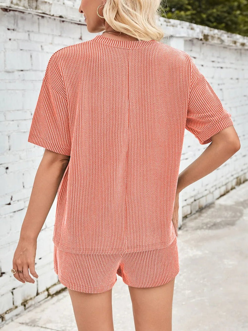 Damen Rundhalsausschnitt Halbarm Oberteil und Shorts mit Kordelzug Set - Livezo