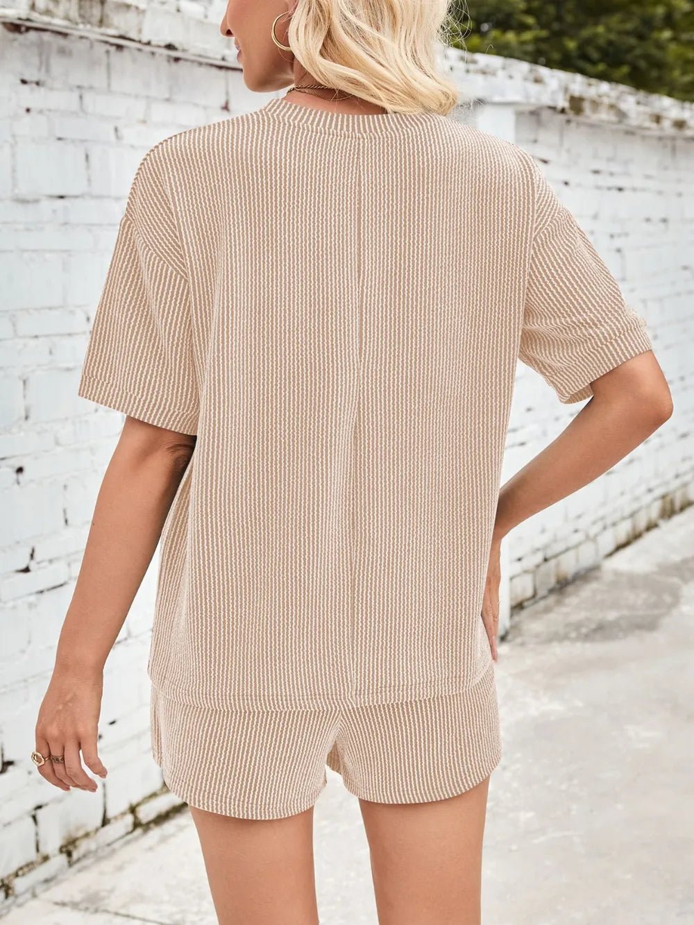 Damen Rundhalsausschnitt Halbarm Oberteil und Shorts mit Kordelzug Set - Livezo