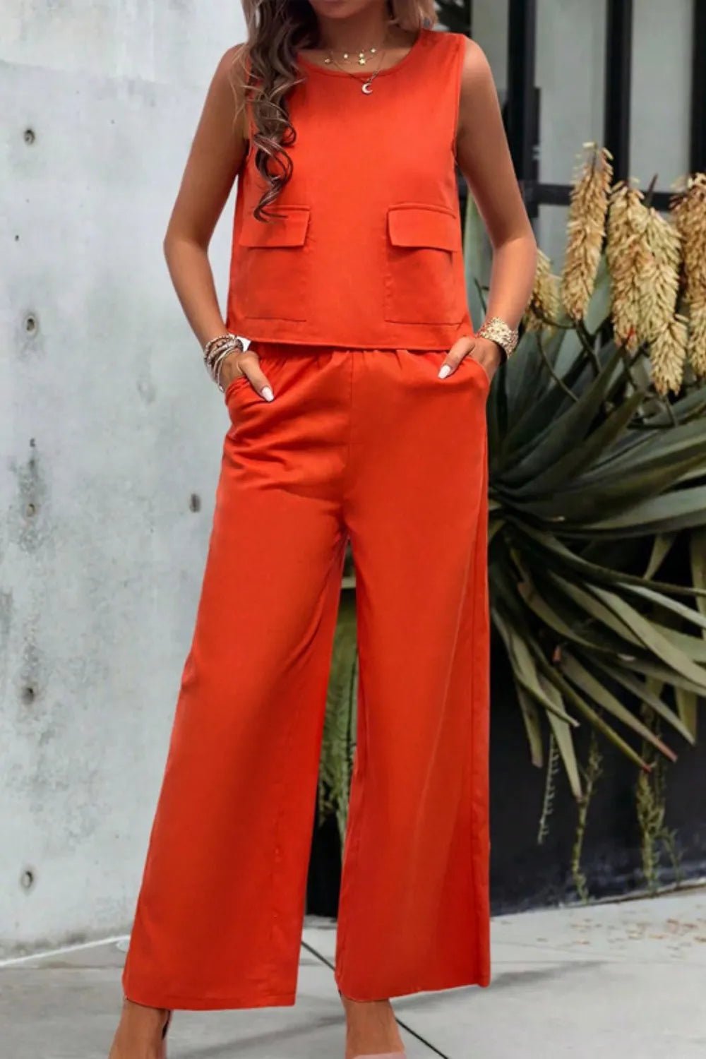 Damen Rundhalsshirt mit Hose im Weiten Bein Schnitt Set - Livezo