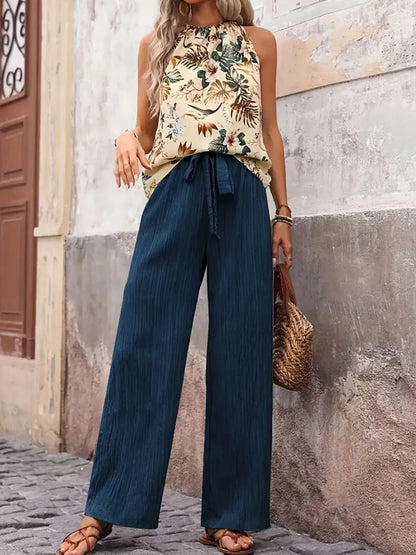 Damen Set mit bedrucktem Tanktop und weitem Hosenbein - Livezo